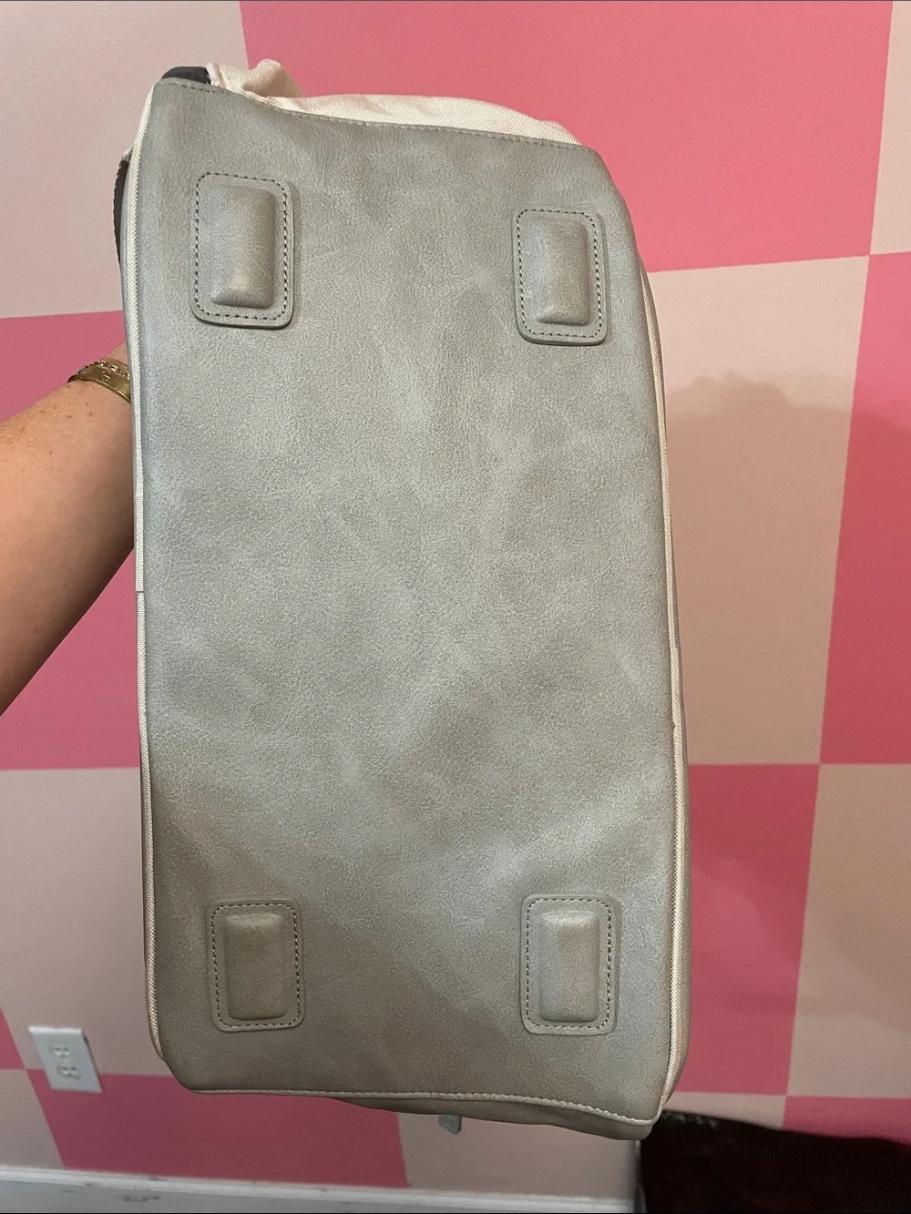 Canvas Backpack Tote in Cream with Gray Trim and Red Zip